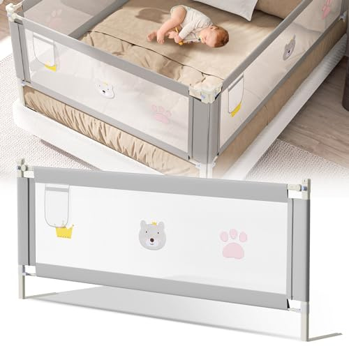 Cecaylie Barrera de Cama de 180 cm, Altura Regulable 70 – 98 cm, Rejilla para Cuna para niños pequeños, protección contra caídas Cama para niños, Rejilla para Cuna con Red ventilada
