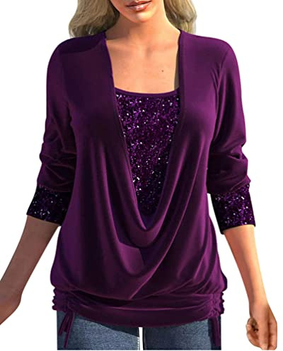 Minetom Donna Maglietta Elegante Paillettes Brillanti Camicette Camicia Natale Casual Shirt Blusa Tops D Viola 3XL