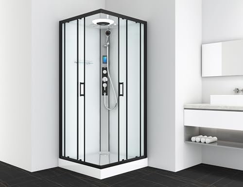 MIAMI CL21B Cabine de douche complète 90 × 90 × 215 cm – Verre de sécurité ESG, profilés chrome/noir, radio tactile, toit LED, montage rapide