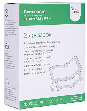Apósito adhesivo para heridas VED Dermapore: adecuado para cortes y rozaduras, úlceras venosas en las piernas y pequeñas úlceras por presión, mediano, (9 X 15cm (Pack of 25))