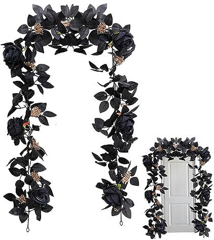Jorzer Guirlande de roses noires artificielles pour décorations d'Halloween 175 cm avec baies et feuilles noires - Guirlande florale réaliste et réaliste - 1 pièce