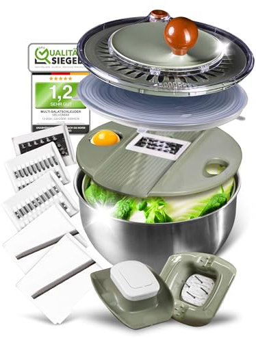 VELVOMAX 6in1 Salatschleuder Edelstahl 4.5L [Multifunktion] Gemüseschneider Servierschüssel & Salad Spinner in einem - Spülmaschinengeeignet - rutschfeste Salatschüssel mit Deckel für Kochliebhaber