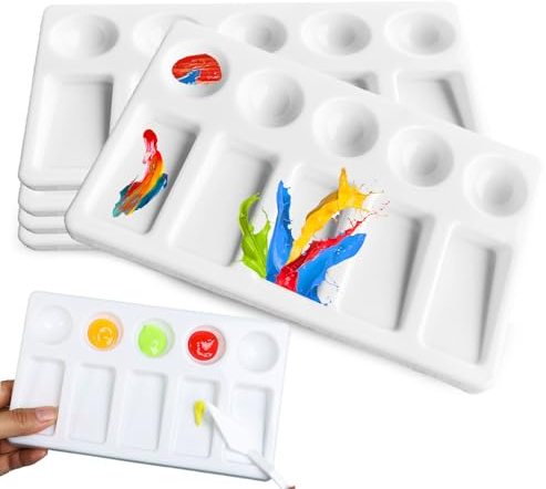 Acrylic Paint Palette, 6 PCS Watercolour Palette 10 Well Paint Mixing Palette Rectangular Paint Tray White Paint Pallet for Watercolor Oil Art Painting