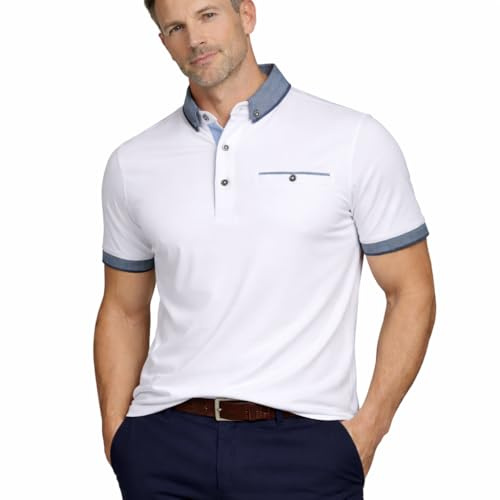 Xact Mens Polo Shirts for Men Adult Cotton Stretch Short Sleeve T Shirt, Smart Casual Button Down Collar Jersey Top, Breathable Regular Fit, Work Golf Travel UK
