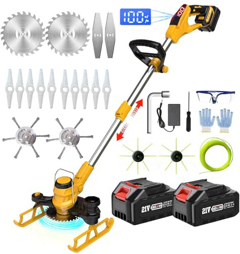 Desbrozadora Bateria 21V, Desbrozadora Electrica, Cortacésped Batería 5 En 1 con 2 Baterías, 2 Cepillo de Malas Hierbas y 5 Cuchillas,Yellow