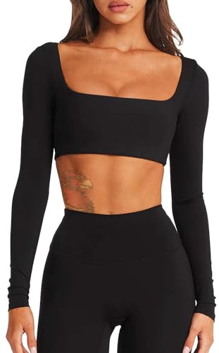TZLDN Gym Tops for Women Long Sleeve Crop Tops Running Sports Top Square Neck Yoga Workout Activewear Gym Clothes Black S