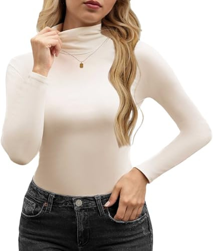 Yutdeng T-Shirt Femme à Manches Longues Col Roulé Hiver Automne Léger Basique Haut Élégant Chaud Col Montant Tee Shirt Blouse Couleur Unie Pull,Beige,L