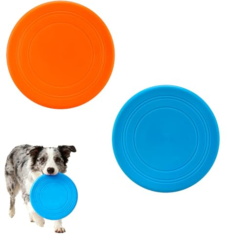 FNSIGHD 2 Pcs Dog Frisbee Toy,Rubber Frisbee Dog Toy Set,Durable & Floating Flying Discs,Indestructible Outdoor Interactive Soft Rubber Dog Toys,for Pets Chew Beach Play Training(Blue, Orange)