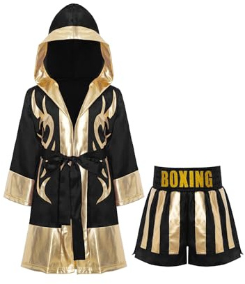 Miaeowve kickboxning kostym barn pojke långärmad satin huvkappa metallic bälte MMA shorts kampsportdräkt svart guld A 146-152