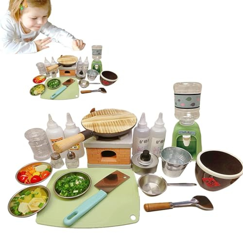 Utensilios de Cocina Reales para Niños | Juego De Utensilios De Cocina Real Y Herramientas,Hornillo Mini, para Comida Real, Botellas de Especias - para Niños y Niñas