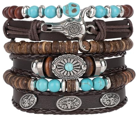 Mikovivi 6pcs Bracelets Perlés pour Femme, Bracelets Empilables Style Western Faits Main en Bois et Cuir Parfaits pour Les Concerts Musique Country Les Tenues Cowboy Bijoux Idéaux à Offrir