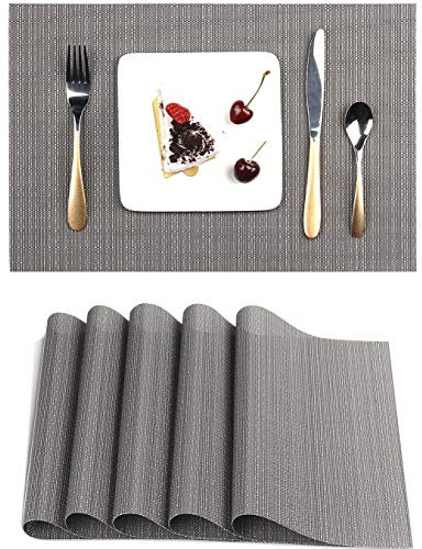 Myir JUN Tischsets Abwaschbar 6er Set, Gewebte Platzdeckchen rutschfest Abgrifffeste Hitzebeständig, Vinyl Platzsets Abwaschbar für küche Speisetisch Hotel, Platz-Matten 30x43.5cm (Grau)