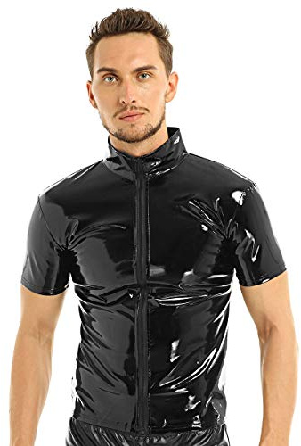 dPois Herren Lack Leder Tops Hemd Shirt Jacke mit Reißverschluss Stehkragen Kurzarm Oberteil Slim Fit Latex Gogo Party Clubwear Schwarz XXL
