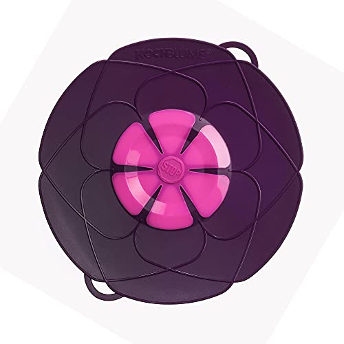 Kochblume originalet, silikon överkoksskydd för kastruller och pannor, mikrovågsugn-lock, stänkskydd och ångkokare | Set med blixtlåsficka i den rosa lådan (lila, L | krukstorlek 14–24 cm)