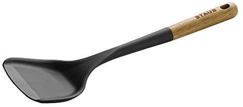 STAUB Wok Spatula, Perfect for Scooping, Flipping, Stirring, and Turning Stir Fries, One Size, Durable BPA-free Matte Black Silicone, Acacia Wood Handles, Safe for Nonstick Cooking Surfaces