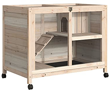 PawHut Rabbit Hutch Indoor with Wheels, Wooden Guinea Pig House Hamster Cage, 2 Layers Bunny Cage with Openable Roof, Transparent Panel, 91.5 x 53.3 x 73 cm, Natural
