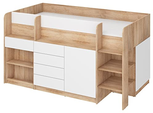 BIM Furniture Etagenbett Smile P Kindermöbel, Möbelset für EIN Kinderzimmer, EIN Bett mit Schreibtisch, Regalen, Schubladen: Rechte Seite (Sonoma-Eiche/Weiß)