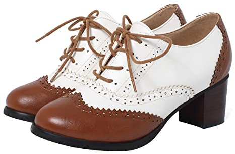 SHEMEE Women's Retro Wingtip Block Heel Lace Up Oxfords Stacked Chunky High Heels Pumps Vintage Round Toe Brogues Dress Shoes(Brown White, US 8.5)