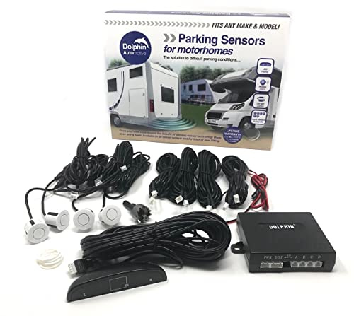 Sensores de aparcamiento en reversa Dolphin Automotive MPS450 para autocaravana, casa rodante, camioneta, RV, con pantalla LED y zumbador de audio en colores negro, plata, blanco, gris (blanco)
