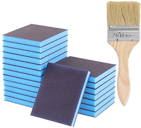 Glarks El kit de esponja de lijado de grano 120 incluye 20 bloques de lijado reutilizables y lavables de 120 x 100 x 12 mm, con 1 cepillo de pintura para madera, metal, pintura y paneles de yeso