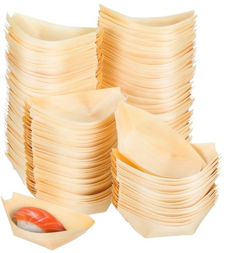 jojofuny 150pcs Disposable Bamboo Sushi Boat Plates Mini Wooden Food Trays