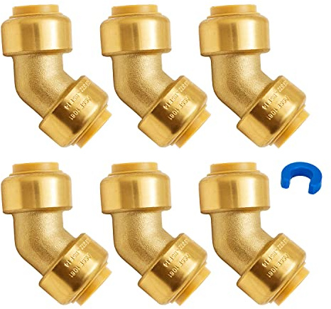 SUNGATOR 1/2 Inch 45 Degree Elbow, No Lead Brass Push to Connect Plumbing Fittings to Connect PEX Pipe, Copper, CPVC, PE-RT, with 1 Disconnect Clip, Pack of 6