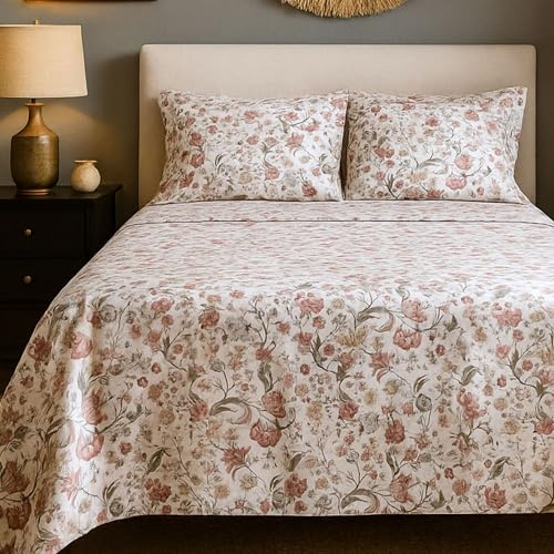Juego de Sábanas 100% Algodón Estampado Floral Multicolor Tipo Primavera – 3 o 4 Piezas (Bajera + Encimera + 1 o 2 Fundas de Almohada) – Suave, Transpirable y Alegre – Varios Tamaños (CAMA 135 CM)