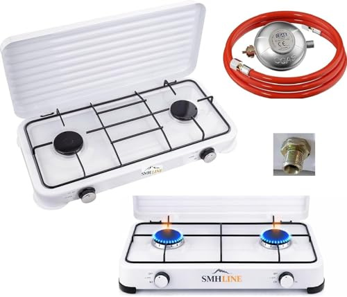 SMH LINE® Réchaud à gaz de camping - 2 feux - Avec tuyau et régulateur - 4,4 kW - Plaque de cuisson - Bouteille de gaz - Réchaud d'extérieur - Réchaud de table XL, SM-105