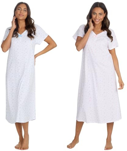 Womens Pack of 2 Short Sleeve Long Pure Cotton Jersey Nightshirts Nighties