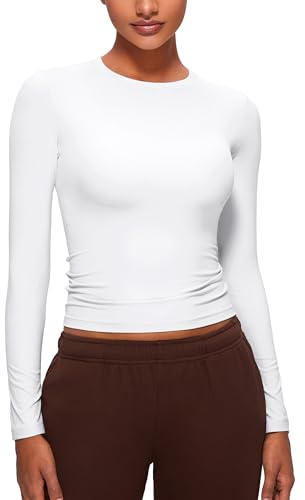 CRZ YOGA Softembrace Crewneck Long Sleeve Shirts for Women - Casual Going Out Tops Soft Basic Fitted Tight Fall T-Shirts White Small