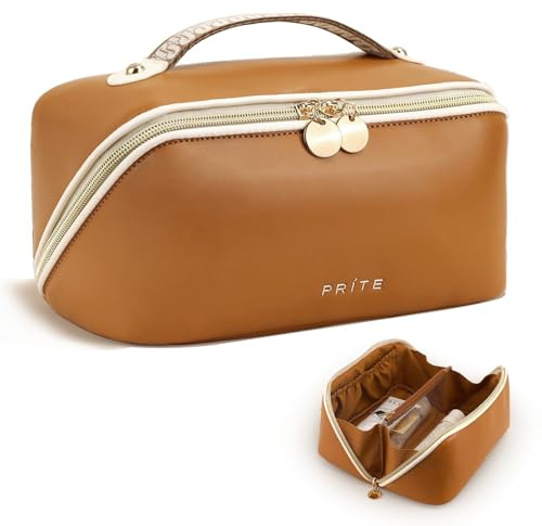 Prite Large Capacity Makeup Bag Portable Travel Cosmetic Bag Waterproof Toiletry Case with Clear Divider and Handle (Brown M)