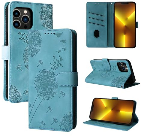 Rostsant Handyhülle für iPhone 13 Pro Max 6.7 Zoll - Löwenzahn PU Leder Flip Case Brieftasche Tasche Hülle Magnetisch - Blau