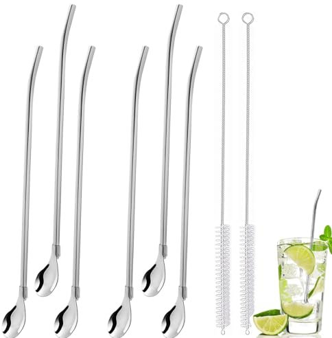 6 Stück Edelstahl Trinkhalm Trinkhalmlöffel lang Löffelstrohhalme Wiederverwendbare Löffelhalme Metalllöffel mit 2 Stück Strohhalm Reinigungsbürste für Smoothies, Milchshakes, Cocktail, Kaffee