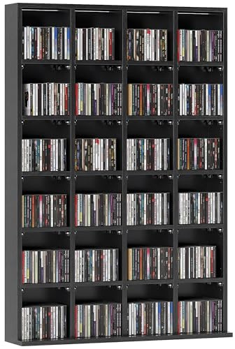 Almacenamiento de CD y DVD HOMCOM, Unidad de Almacenamiento Multimedia con 24 Compartimentos, Capacidad máx. 480 CD/312 DVD, estantería de Madera con estantes Ajustables, 89 x 20 x 130,5 cm, Negro
