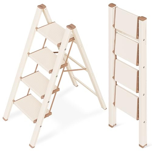 GameGem Escalera de 4 Peldaños, Taburete Plegable con Plataforma Ancha Antideslizante de Aluminio Ligero Pero Resistente, Carga Máxima 150 kg, Diseño Moderno para Espacios Domésticos Interiores
