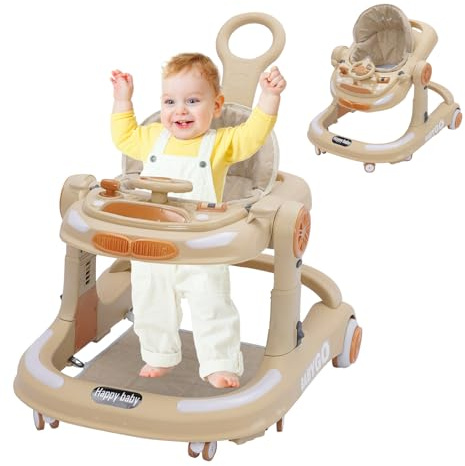 4-i-1-gåstol, baby walker höjdjusterbar, promenadhjälp med matbricka, lekcenter, golvmatta och broms, anti-kollision design, vikbar gåvagn baby från 6 9 18 månader