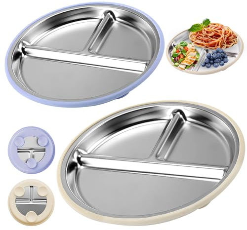 Platos de Acero Inoxidable para Bebé, 2pcs 23cm Plato de Acero Inoxidable Infantil, Platos de Acero Inoxidable con Ventosa, Platos Divididos para Niños con Funda de Silicona, Sin BPA para Lavavaji (B)