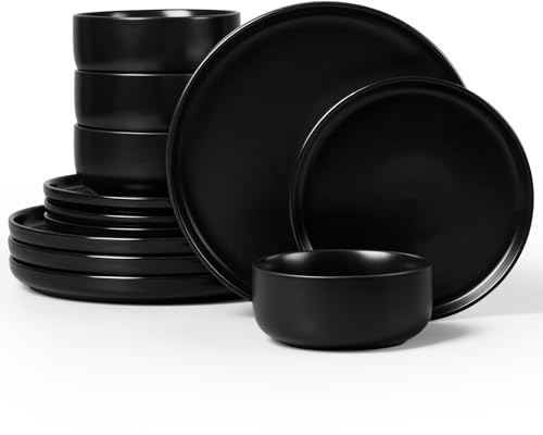 Homikit 12 Piece Dinner Set, Kitchen Stoneware Dinnerware Sets for 4 People, Included 4X Dinner Plates, 4X Side Plates and 4X Bowls, Non-Scratch, Dishwasher & Microwave Safe, Matte Black