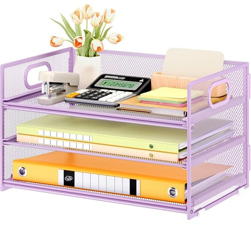 VITVITI 3 Tier Paper Desk Organizer with Handle and 1 Pcs Slideable Letter Tray, A4 Paper File Folder Sorter Metal Mesh Organizer for Home Office School Desk Supplies Organization Storage - Purple