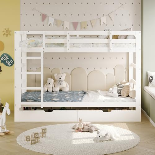 MEXUS Lit superposé Enfant 90x200 cm, lit Double Amovible avec escalier et tiroirs de Rangement, lit Mezzanine avec sommier à Lattes, Bois Massif, sans Matelas, Blanc