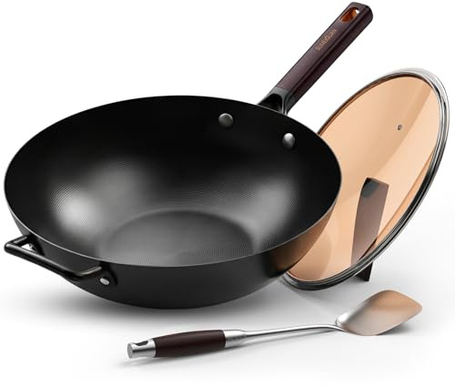 SUMEIGUAN 13.5 Carbon Steel Wok Pan - Pre-Seasoned Flat Bottom Woks & Stir-fry Pans Chinese Cookware with Lid & Spatula - For Pan-fry,Stir Fry, Steam, BBQ & Camping - Compatible with Induction, Gas