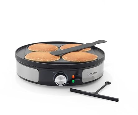 Progress Reversible Crepe Maker – Elektrische Pfannkuchenmaschine mit 30 cm Kochplatte, Scotch Pancakes Einsatz, Antihaftbeschichtung, Teigverteiler & Spachtel, Einstellbare Temperaturregelung, 1000W