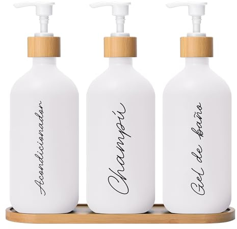 Dispensador De Jabón Baño Kivora – Set De 3 Botes para Gel Y Champú con Base De Bambú, Dosificador Jabón Baño 500 ml, Botes Baño Rellenables para Ducha Y Encimera (Blanco)
