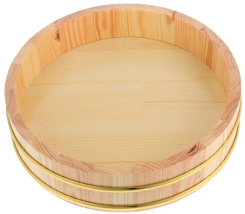 PHENOFICE Recipiente de Madera para Mezclar Arroz de Sushi Tradicional, Cubo de 26 Cm Borde Dorado, Tazón Multifuncional para Cocina y Restaurantes, Cesta de Pan para Preparación de Sushi