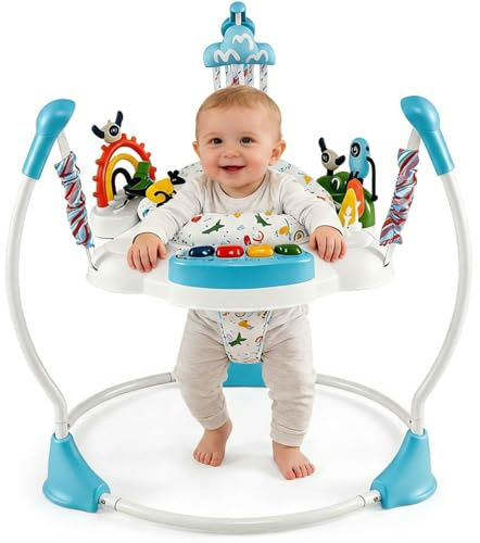 Maxmass Baby Jumper Jumperoo, Baby Activity Center with 360° Rotating Seat, 3 Adjustable Heights, Music, Lights, Interactive Toys, Toddler Bouncer Play Center for 6+ Months Boys Girls (Blue)