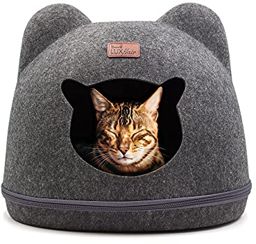 Luxflair Stabile Filz Katzenhöhle mit Ohren, ca. 38x42x36cm groß, waschbar, +Liegekissen, dunkelgrau/anthrazit. Kuschelhöhle für Katzen & kleine Hunde