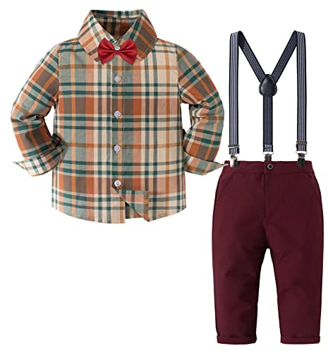 Nwada Toddler Boys Set di Abbigliamento Camicie Scozzesi a Maniche Lunghe Top + Pantaloni con Bretelle con Cravatta Primavera Abiti da Gentiluomo per 3-4 Anni Ragazzi