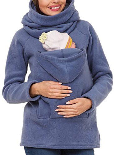 amropi 3 en 1 Porte-bébé Maternité Polaire Sweats à Capuche Femme Kangourou Pullover Sweat-Shirt Bleu,S