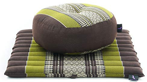 Leewadee set de meditación – Cojín de yoga Zafu y colchoneta de meditación Zabuton, asiento tailandés de kapok ecológico, set de 2, Marrón Verde