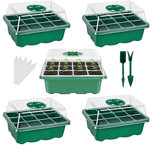 Mini Serre pour Plantes, 5 Pièces Bac à Semis Pépinière Plateaux de Démarrage de Plantes avec Couvercles en Dôme Réglables en Humidité, 60 Cellules Serre Semis Plateaux de Germination